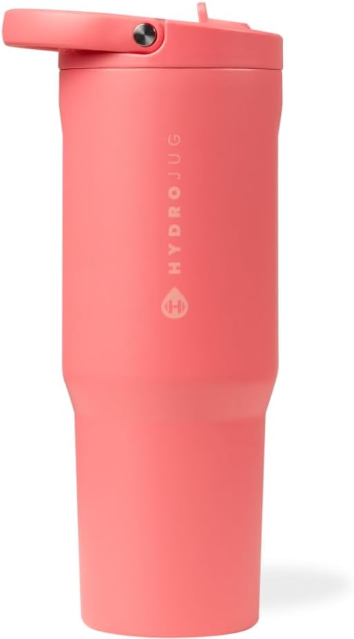 HydroJug Sport - Stainless Steel Tumbler with Straw, Vacuum Insulated, 32oz Leakproof Water Bottle, Ergonomic Design, Reusable, Dishwasher Safe, Rubber Base, Durable for Gym or Outdoors, Salmon