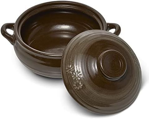 Korean Stone Bowl (34oz) Clay Pot for Cooking Korean Dishes - Brown, Large, Rustic Style - Dolsot, Ttukbaegi, Onggi, Kimchi Stone Donabe - With Lid