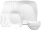 Corelle Vitrelle 18-Piece Service for 6 Square Dinnerware Set Triple Layer Glass and Chip Resistant, Lightweight Square Plates and Bowls Set, Pure White