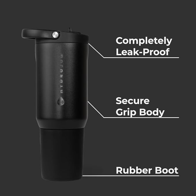 HydroJug Sport - Stainless Steel Tumbler with Straw, Vacuum Insulated, 20oz Leakproof Water Bottle, Ergonomic Design, Reusable, Dishwasher Safe, Rubber Base, Durable for Gym or Outdoors, Black