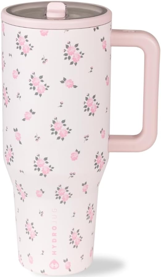 HydroJug Traveler - 32 oz Water Bottle with Handle & Flip Straw - Fits in Cup Holder, Leak Resistant Tumbler-Reusable Insulated Stainless Steel & Rubber Base - Gifts for Women & Men, Wildrose