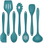 P&P CHEF Silicone Cooking Utensils Set of 7, Heat-proof Kitchen Utensils Set for Nonstick Cookware, Non-stick Spatula, Slotted Turner, Soup Ladle, Pasta Server, Spoon for Cooking Serving - Blue