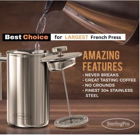 Extra Large French Press Coffee Maker 59 oz (1.75L), Large Capacity Stainless Steel Big French Press XL, Thermal Insulated Black Coffee Maker with Double Walled Insulation, Mirror
