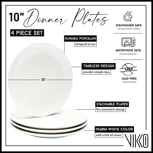 Vikko Dinner Plate, Set of 4 White Plates, Ceramic Dinner Plates Set, Stackable 10 Inch Dinner Plates for Every Day and Special Occasion, Restaurant Style, Dishwasher Safe, Microwave Safe