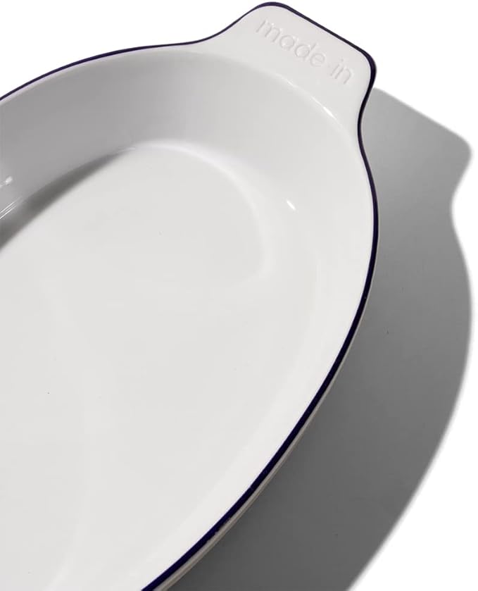 Made In Cookware - Oval Baking Dish - Navy Rim - Hand Crafted Porcelain - Professional Bakeware - Made in France