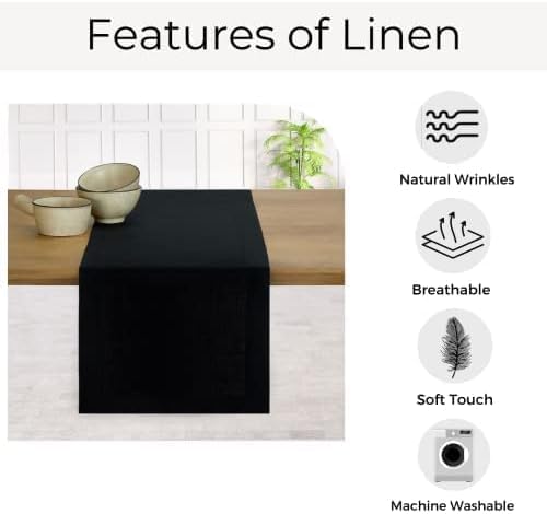 D'Moksha Homes Linen Black Table Runner 120 Inches Long - 100% Pure Linen Dining Table Runner 14 x 120 Inch for Summer, Fall and Halloween - Machine Washable