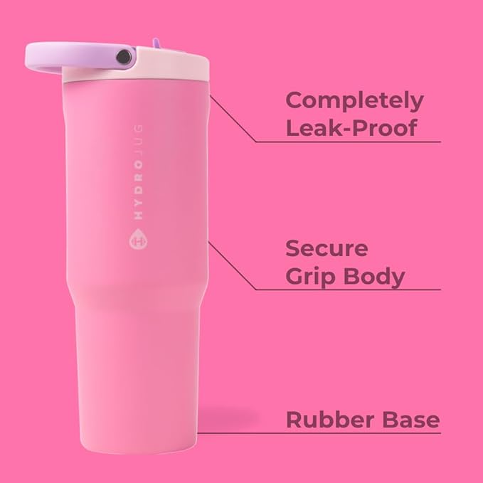 HydroJug Sport - Stainless Steel Tumbler with Straw, Vacuum Insulated, 32oz Leakproof Water Bottle, Ergonomic Design, Reusable, Dishwasher Safe, Rubber Base, Durable for Gym or Outdoors, Pink Sugar