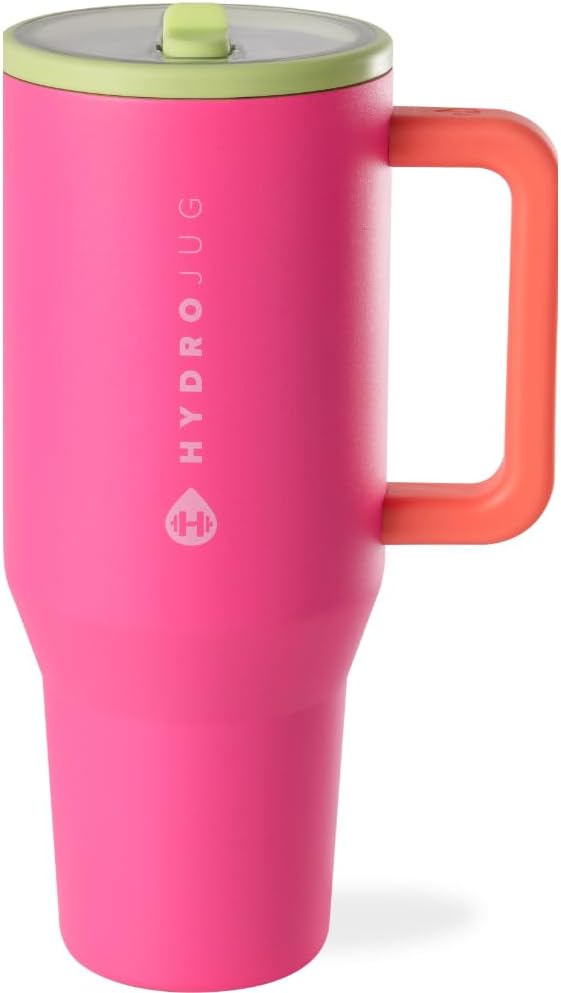HydroJug Traveler - 40 oz Water Bottle with Handle & Flip Straw - Fits in Cup Holder, Leak Resistant Tumbler-Reusable Insulated Stainless Steel & Rubber Base - Gifts for Women & Men, Orchid