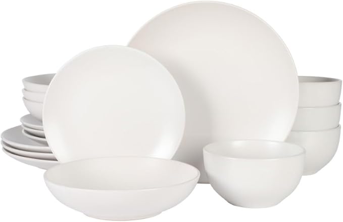 Gibson Home Queenslane 16 Piece Plates and Bowls Dishes Stoneware Ceramic Dinnerware Sets - Matte White
