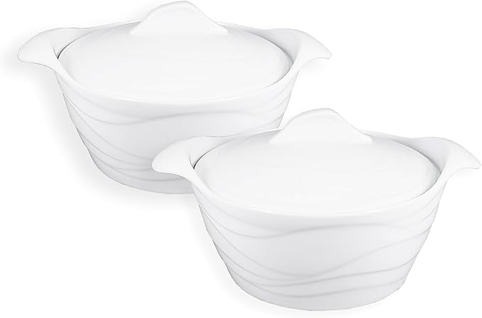 Casserole Dish 31.8 ounce French White Ceramic Bakeware Set with Lids, Chip and Crack Resistant Stoneware Baking Dish, Microwave, Dishwasher, Oven, Freezer and Fridge Safe (8.7 Inch)