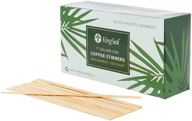 2000 Count | KingSeal Bamboo Wood Coffee Stirrers, Square End, 7 inch Length, 100% Renewable and Biodegradable - 4 Boxes x 500 Stirrers