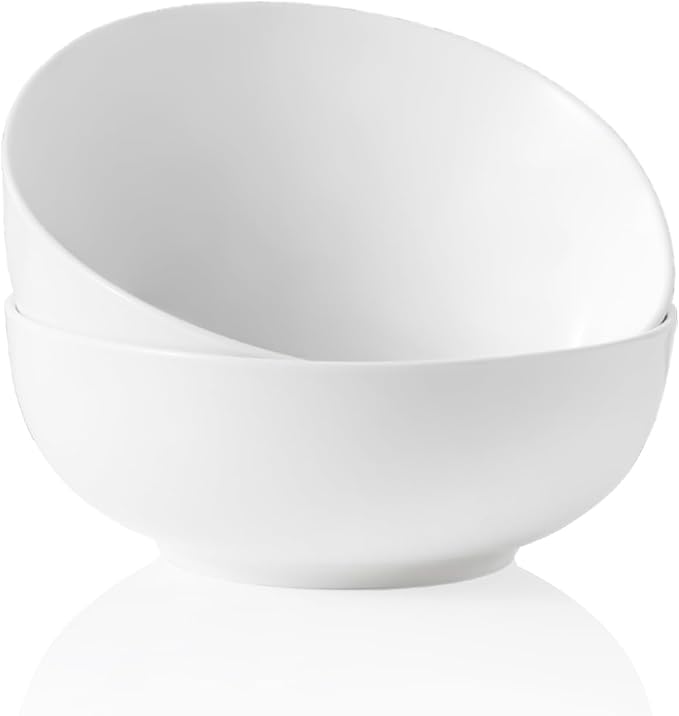 Kanwone Large Serving Bowls - 55 Ounce, Porcelain Salad Bowls, Pasta, Ceramic Soup Bowls, Set of 2, Serving Dishes for Entertaining, Housewarming Gift, Microwave and Dishwasher Safe, White