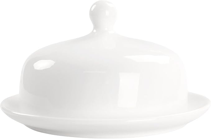 jingsongdafa Butter dish with lid, white porcelain dome cheese dish with handle, separate small butter tray, cute ceramic dessert serving bowl, suitable for dining table, countertop, refrigerator