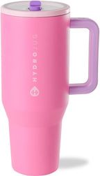 HydroJug Traveler - 40 oz Water Bottle with Handle & Flip Straw - Fits in Cup Holder, Leak Resistant Tumbler-Reusable Insulated Stainless Steel & Rubber Base - Gifts for Women & Men, Pink Sugar