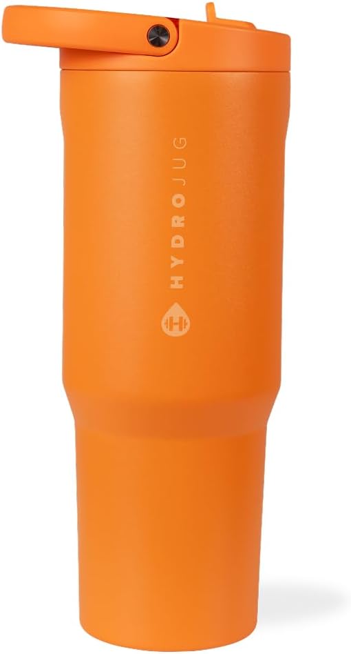 HydroJug Sport - Stainless Steel Tumbler with Straw, Vacuum Insulated, 32oz Leakproof Water Bottle, Ergonomic Design, Reusable, Dishwasher Safe, Rubber Base, Durable for Gym or Outdoors, Tangerine