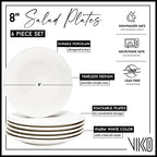 Vikko Salad Plate, Set of 6 White Plates, Fine Porcelain, Stackable 8 Inch Salad Plates, Dishwasher Safe, 8/'' Salad Plate