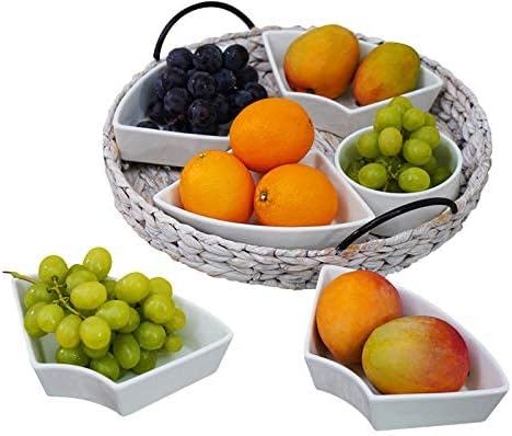 Ceramic Serving Trays, RANDEFURN Serving Platters with 6 Removable Dishes, Serving Tray for Parties, Food Tray 15.5 x 15.5 Inches, Perfect for or Chips,Whitewash