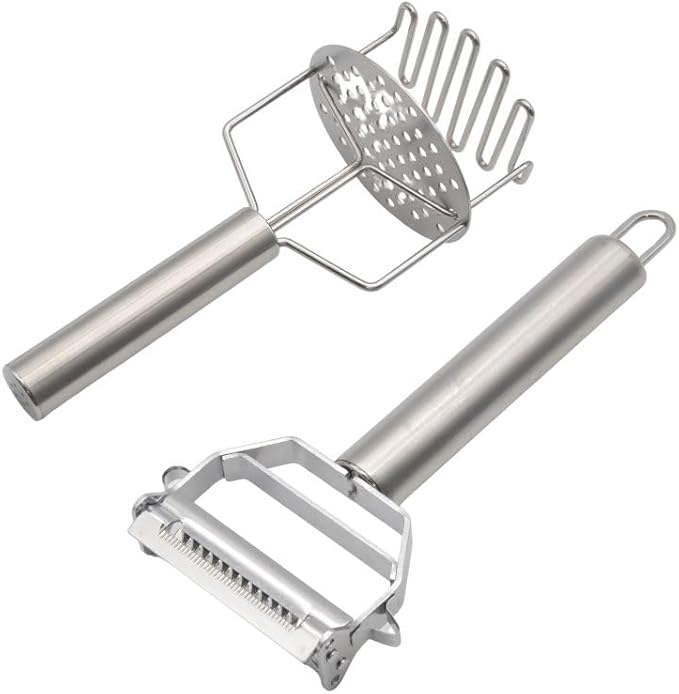 3-in-1 Multi-Peeler Stainless Steel Potato Masher Set,2-Piece Kitchen Tools for Peeler Vegetables,Carrots,Apple and Masher,Banans,Puree Making