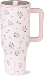 HydroJug Traveler - 40 oz Water Bottle with Handle & Flip Straw - Fits in Cup Holder, Leak Resistant Tumbler-Reusable Insulated Stainless Steel & Rubber Base - Gifts for Women & Men, Wildrose