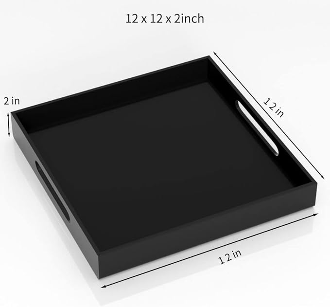 NIUBEE Acrylic Serving Tray 12x12 Inches -Spill Proof- Decorative Tray Organiser for Ottoman Coffee Table Countertop with Handles - Black