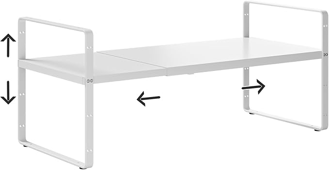 16.5-27’’L Expandable Cabinet Shelf Organizers, Stackable Metal Shelves Extender for Kitchen Countertop Storage, Adjustable Spices Shelves Rack Stand for Cupboard Pantry, White