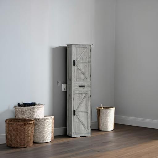 WEENFON Tall Storage Cabinet, Bathroom Cabinet with 6 Shelves & Drawer, Narrow Storage Cabinet with Adjustable Shelves, Tall Cabinet for Living Room, Home Office, Rustic Gray
