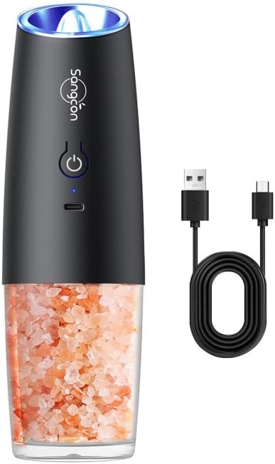 Sangcon Gravity Electric Salt and Pepper Grinder RECHARGEABLE Automatic Salt Pepper Shaker USB-C No Battery Needed - LED Light One Hand Operation, Adjustable Coarseness Pepper Mill 1pc