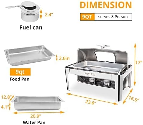 ROVSUN 9Qt 3 Packs Roll Top Chafing Dish Buffet Set, Stainless Steel Chafers for Catering, Rectangular Buffet Servers and Warmers Set with Glass Window for Parties, Banquet, Wedding, Full Size