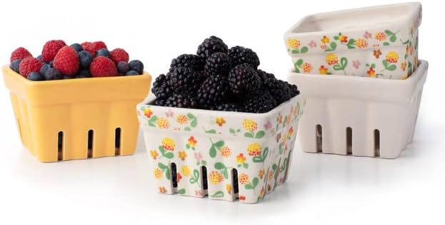 Ceramic Berry Basket, Farmhouse Colander, Farmers Market square Bowl. Rustic Kitchen decor fruit bowls, Fruit Baskets, Yellow, White and floral pattern Stoneware Harvest Bowls Set of 4