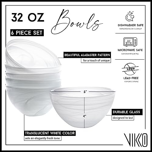 Vikko Salad Bowl, Set of 6 White Alabaster Style Soup Bowls, 6" Bowl with Marbelized Design, Large 32 Ounce Bowls Set, For Pasta, Fruit, Ramen Bowl, Dishwasher Safe