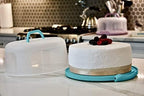 Top Shelf Elements Round Cake Carrier Two Sided Cake Holder Serves as Five Section Serving Tray, Portable Cake Stand Fits 10 inch Cake, Cake Box Comes With Handle, Cake Container Holds Pies (Aqua)