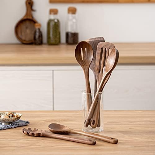 Gudamaye 12 inch Black walnut Wooden spoons for cooking, 6 PCES Long Handel Wooden Spoons, Natural Black walnut Wooden utensil for cooking, Wooden Kitchen Utensil set