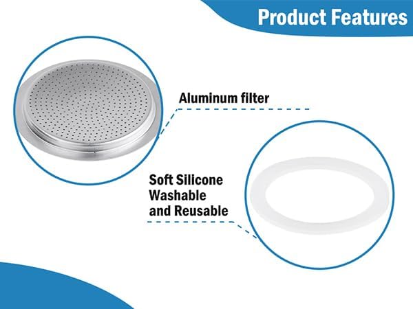 Sivaphe 3 Cup Moka Pot Replacement Infuser Parts for Aluminum Italian Stovetop Espresso Coffee Maker, 1 Filter and 3 Silicone Gasket Seals