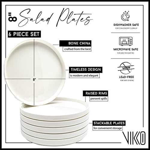 Vikko Salad Plate, Set of 6 White Plates, Dessert, Salad, Appetizer Plate, Fine Bone China, Stackable 8 Inch Dessert Plates, Dishwasher Safe