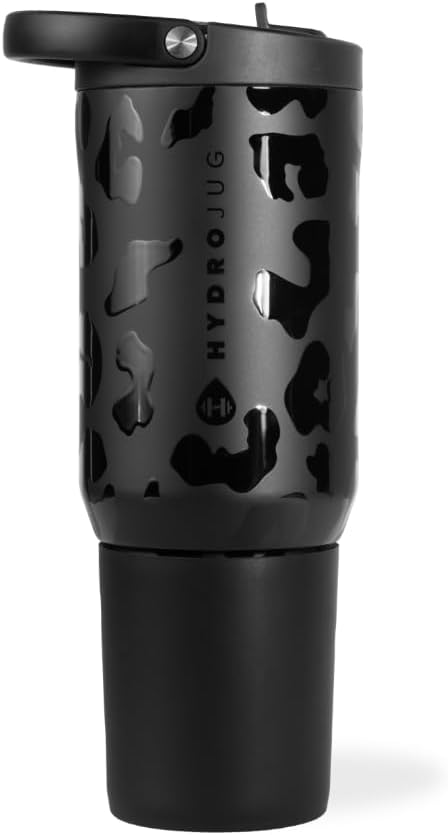 HydroJug Sport - Stainless Steel Tumbler with Straw, Vacuum Insulated, 20oz Leakproof Water Bottle, Ergonomic Design, Reusable, Dishwasher Safe, Rubber Base, Durable for Gym or Outdoors, Black Leopard