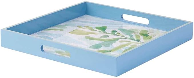 Sea Kelp 15inch Square Lacquered Wooden Serving Tray with Handles, Coffee Table Ottoman Tray for Dining. for Food, Drinks, Cocktail, Great for Parties, Entertaining & Gift