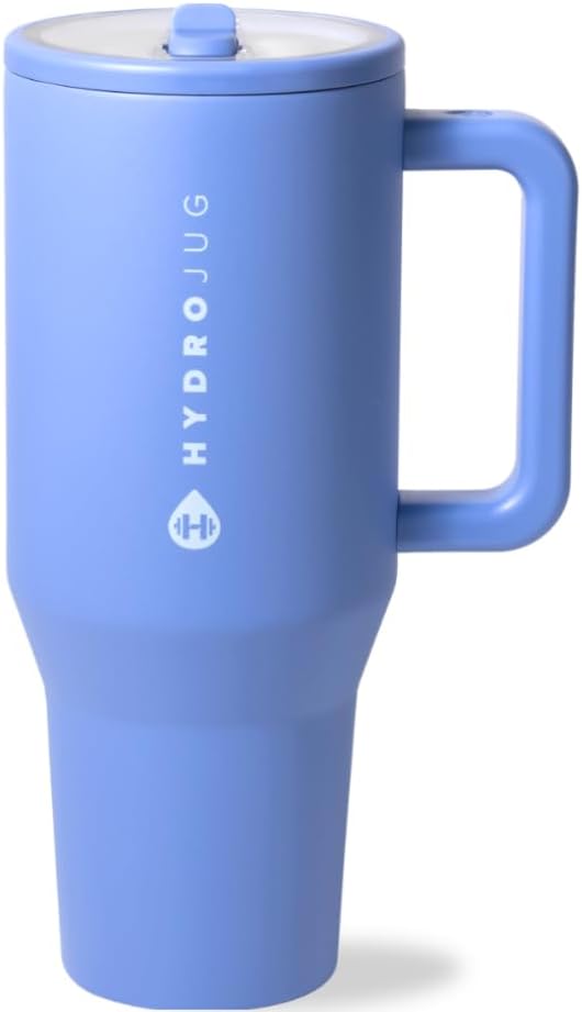 HydroJug Traveler - 32 oz Water Bottle with Handle & Flip Straw - Fits in Cup Holder, Leak Resistant Tumbler-Reusable Insulated Stainless Steel & Rubber Base - Gifts for Women & Men, Light Blue