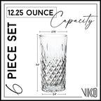 Vikko Drinking Glass, Set of 6 Crystal Style Tall Beverage Glasses, 12.25 Ounce Old Fashioned Highball Glasses, Dishwasher Safe Textured Collins Glass
