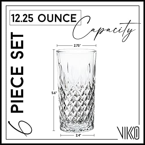Vikko Drinking Glass, Set of 6 Crystal Style Tall Beverage Glasses, 12.25 Ounce Old Fashioned Highball Glasses, Dishwasher Safe Textured Collins Glass