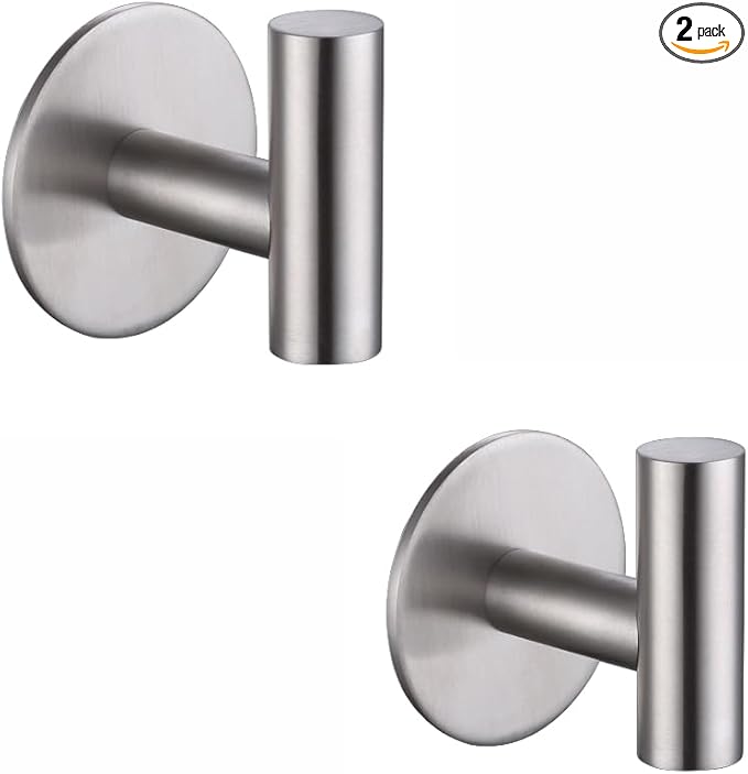 Self Adhesive Hooks 304 Stainless Steel Heavy Duty Hangers Without Nails for Bathrooms Kitchen Livingroom Garage Hotel Towel Hook-2 Pack (Silver)