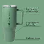 HydroJug Traveler - 32 oz Water Bottle with Handle & Flip Straw - Fits in Cup Holder, Leak Resistant Tumbler-Reusable Insulated Stainless Steel & Rubber Base - Gifts for Women & Men, Sage