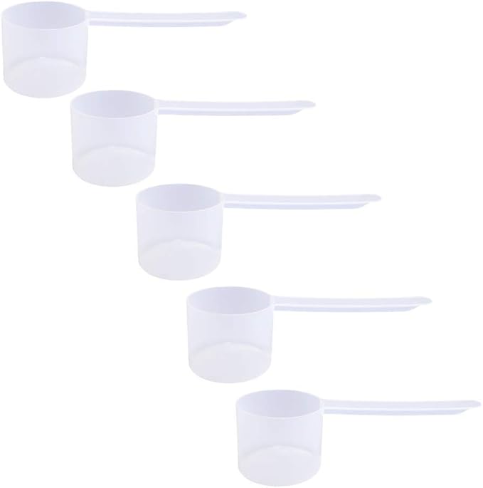 Plastic Measuring Scoop, (50 cc | 10 tsp | 3.33 Tbsp | 50 mL) Long Handle Spoons for Powders, Granules, Coffee, Pet Food, Baking Supplies, Protein and Other Dry Goods, BPA Free (Set of 5)