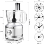 Homtone 16 Cups Food Processor, Large Food Processors with French Fry Cutter, 9 Functions 7 Blades for Shredding, Slicing, Doughing, Emulsfying and Meat Chopping for Home Use, 3 Speeds, 600W, Sliver