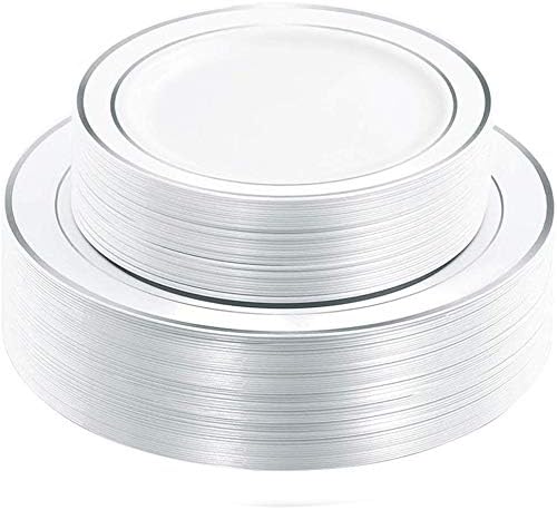 WDF 60PCS Silver Plastic Plates Disposable - Silver Plates Include 30 PCS 10.25inch Silver Dinner Plates and 30PCS 7.5inch Silver Salad Plates for Wedding & Party