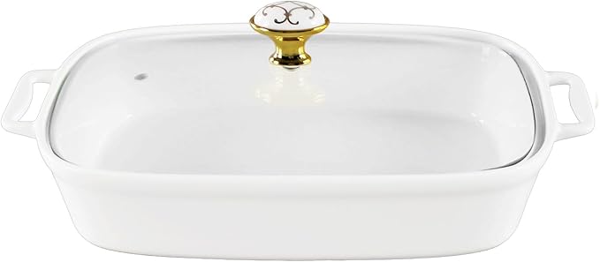 11" x 8" Ceramic Rectangular Casserole Dish with Glass Lid, 1.6 Quart White Serving Soup Tureen,Chafing Dish for Buffet, Family Food preserve Tray, Catering Casserole for Party Style
