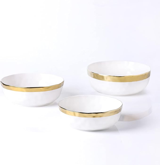 Stone Lain Florian Porcelain 3-Piece Round Bowl Service Set, White with Gold Rim