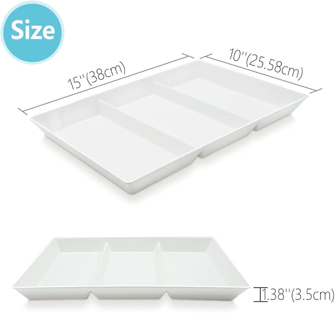 Divided Serving Tray Platter, 8 Pack 15" x 10" Fruit Veggie Food Tray for Party, Plastic Serving Trays for Appetizer, Snack, Dessert, Cookie, Brunch Decorations Platters, White Trays BPA-Free