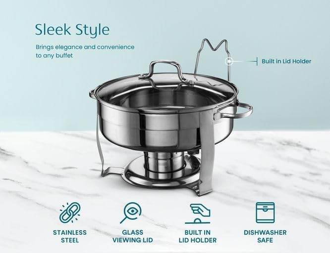 Chafing Dish for Buffet Set, by Kook, Chafing Buffet, Buffet Warmer Tray, Round, Stainless Steel with Glass Viewing Lid and Built-in Lid Holder, for Parties, Dinners and Catering, 4.5 Qt, Set of 3