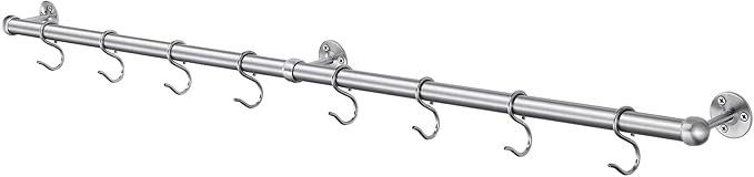 ROTHLEY Hanging Pot Rack Hanger: 39.4 Inch Stainless Steel Pot and Pan Hanger Pot Rack Wall Mounted Hanging Pots and Pans Rack Pot Hangers for Kitchen Wall Kitchen Rail with Hooks (Brushed)