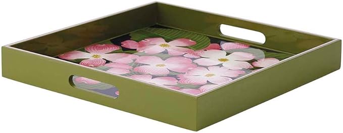 Pink Dogwood 15inch Square Lacquered Wooden Serving Tray with Handles, Coffee Table Ottoman Tray for Dining. for Food, Drinks, Cocktail, Great for Parties, Entertaining & Gift